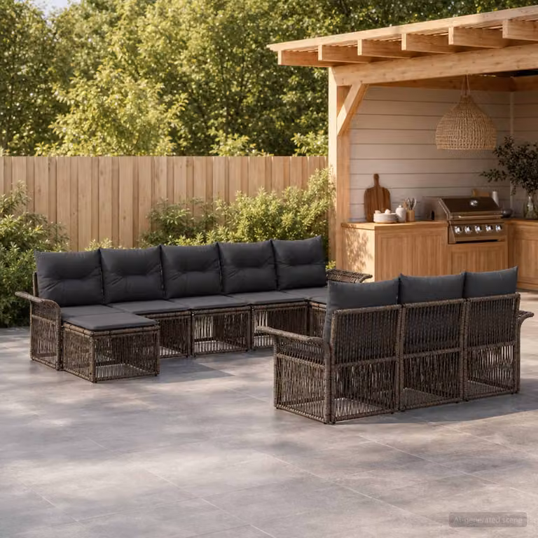 Set Divano da Giardino vidaXL a forma a U in Polyrattan Grigio con Cuscini e Struttura in Acciaio