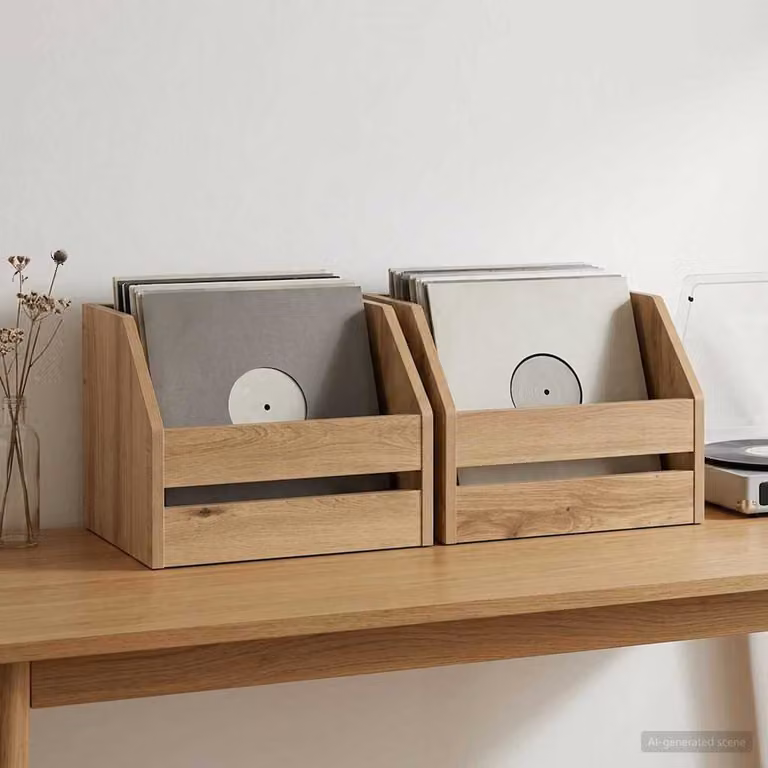 Set di 2 scatole per album in vinile vidaXL in legno color rovere, L: 38,0 cm, P: 30,0 cm, H: 29,0 cm