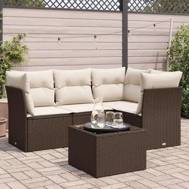 Set Divano da Giardino 5 pz con Cuscini-Sofa da Giardino-Divanetto da esterno Marrone in Polyrattan 858825