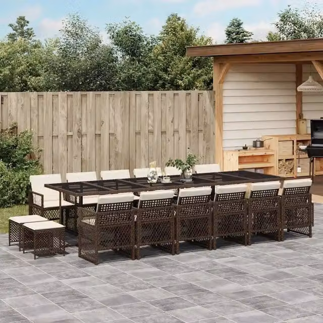Set da pranzo da giardino vidaXL in polyrattan marrone e bianco con cuscini e tavolo in vetro, 17 pezzi – 1