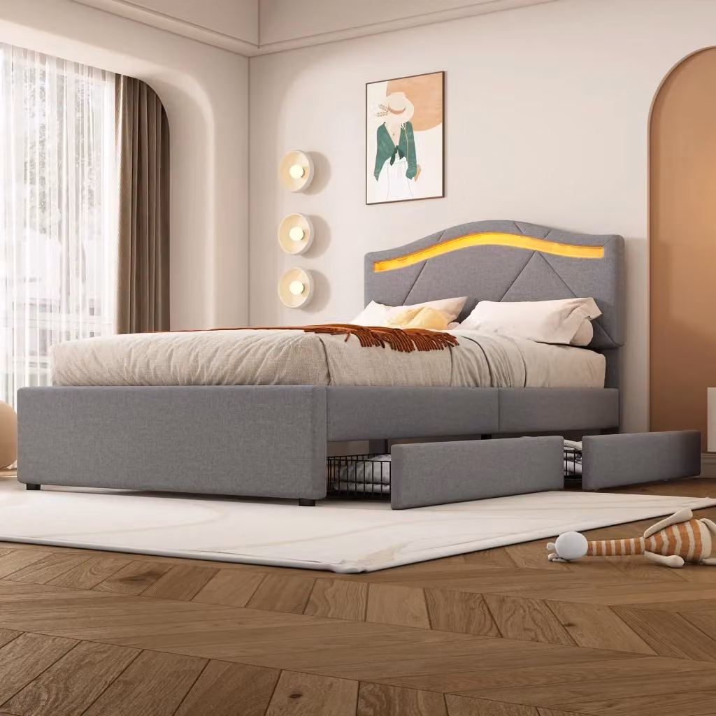 Letto imbottito KOMHTOM in lino grigio con cassetti, L/P/H: 200 x 90 x 104 cm – 2