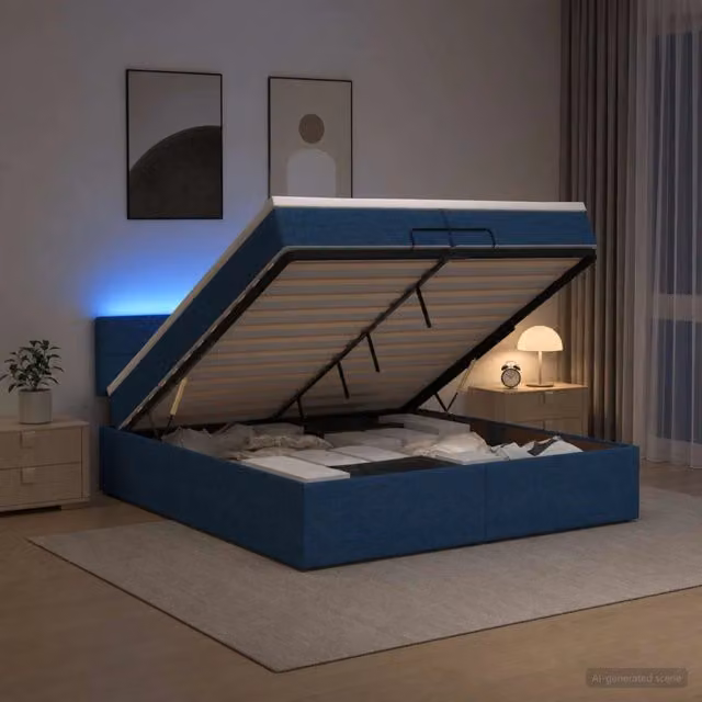 Letto Ottomano con Materasso Ibrido e Illuminazione LED vidaXL, Colore Blu e Bianco, L/P/H: 200 x 200 x 44 cm – 1