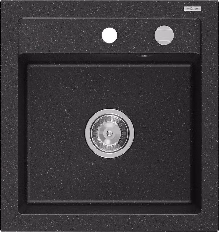Mexen Vito lavello in granito a 1 vasca 520 x 490 mm, nero/argento metallico, sifone cromato - 6503521000-73