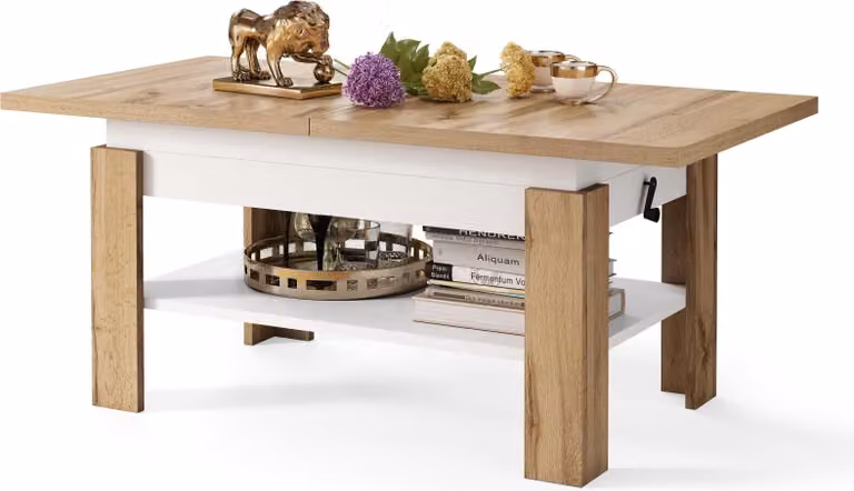 Tavolino All4All modello Rino, tavolino da caffè, tavolino per il soggiorno con vano portaoggetti, tavolino da divano, estendibile fino a 170 cm, con altezza regolabile, dimensioni 130x65 cm, finitura: rovere Wotan e bianco