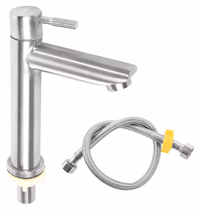 Rubinetto per acqua fredda, realizzato in acciaio inossidabile di alta qualità. Miscelatore monocomando per lavabo, ideale per bagni per ospiti. Include tubo di collegamento da 60 cm. Superficie resistente ai graffi