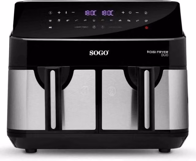 Friggitrice ad aria doppia Sogo da 9L con 2 cestelli indipendenti, 12 programmi, temperatura fino a 200°C e 1750W, colore nero