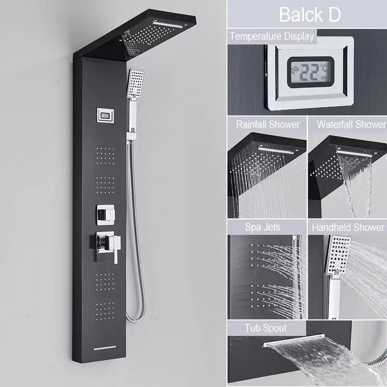 Pannello doccia - Colonna doccia nera - Miscelatore con getto a cascata e soffione a pioggia - Display LED - Getto massaggio e indicatore di temperatura