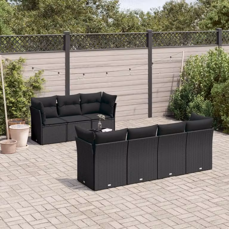 vidaXL Set Divani da Giardino a L con Tavolino in Polyrattan Nero e 8 Cuscini Imbottiti