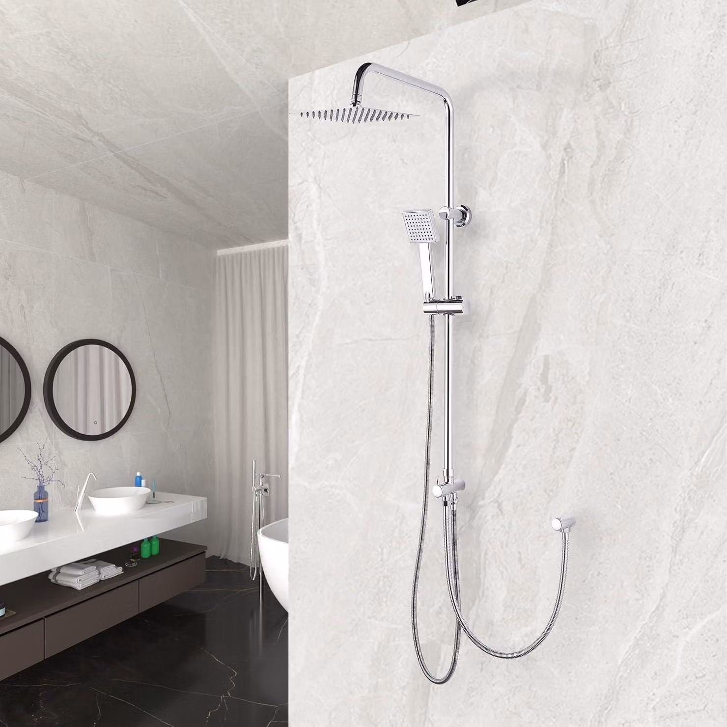 Colonna doccia in acciaio inossidabile, con doccia a pioggia e soffione manuale, ugello da 20 cm, senza miscelatore, per bagno