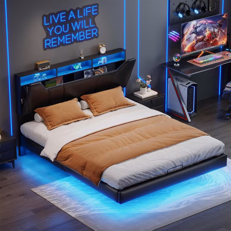 Letto imbottito nero ProximaX 160×200 cm – Con molle a gas, strisce luminose a LED, porta USB e vano portaoggetti nella testiera – Comfort e design