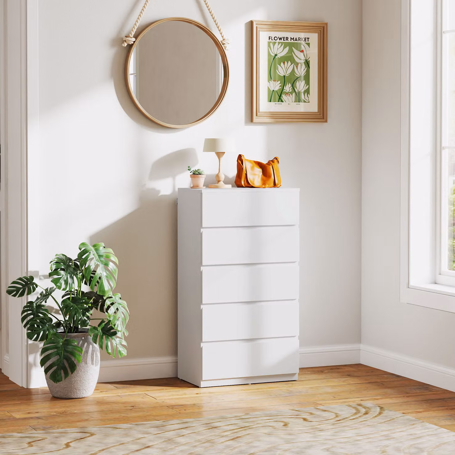 Cassettiera Sideboard HOMCOM con 5 cassetti, Bianco, L: 55 cm, P: 34 cm, H: 100 cm – 2