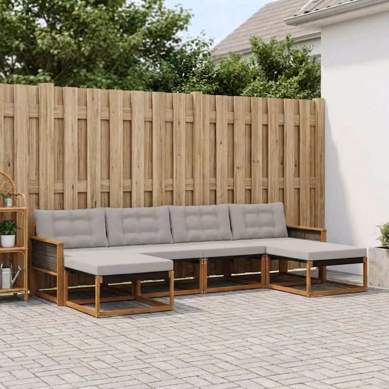 Set di divani da esterno vidaXL a forma di L composto da 6 pezzi in legno di acacia e textilene, colore beige e grigio con cuscini inclusi