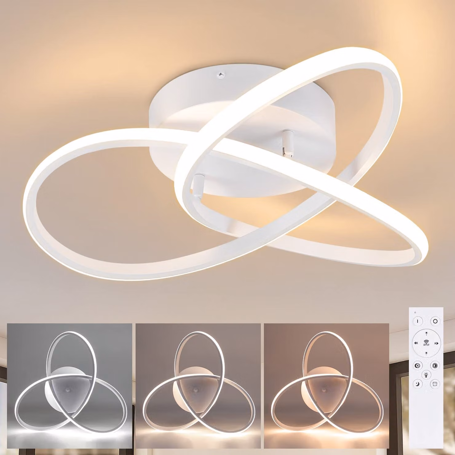 ZMH LED plafoniera Dimmerabile con telecomando Lampada da soffitto 40CM 33W Moderna lampada di design bianco geometrico per soggiorno camera da letto cucina corridoio