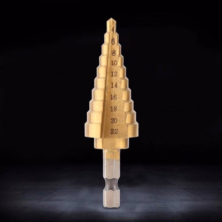 Trapano a tappe, 1 pezzo, acciaio ad alta velocità rivestito, punta da trapano a tappe, 4-22 mm, gambo esagonale, punta conica
