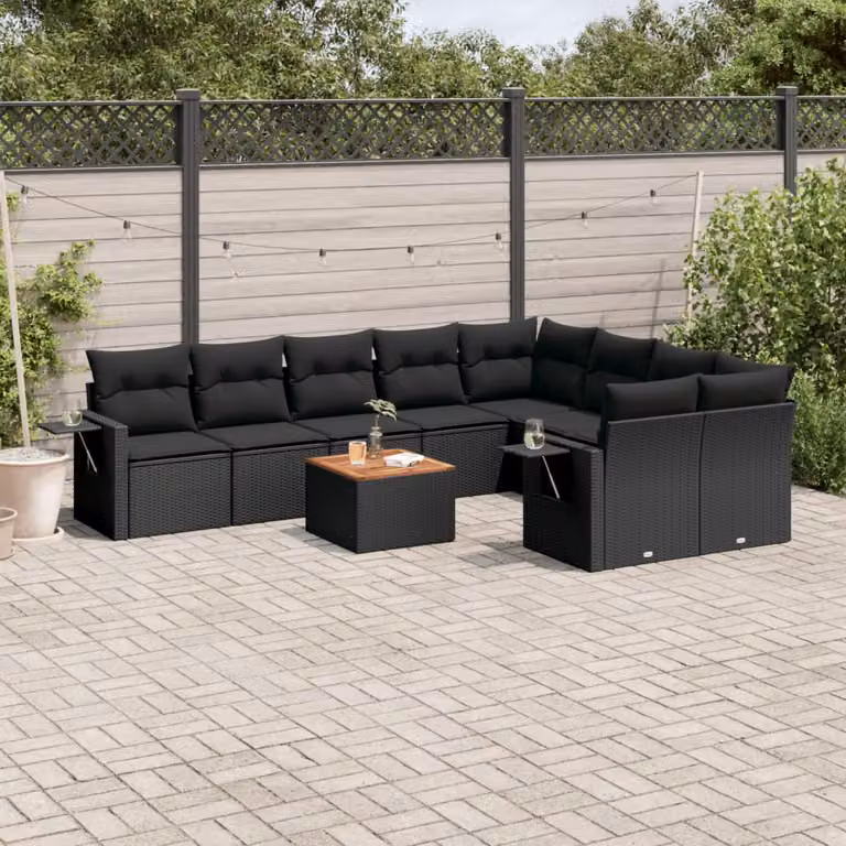 Set di divani da giardino vidaXL in polyrattan nero con cuscini e tavolino da esterno