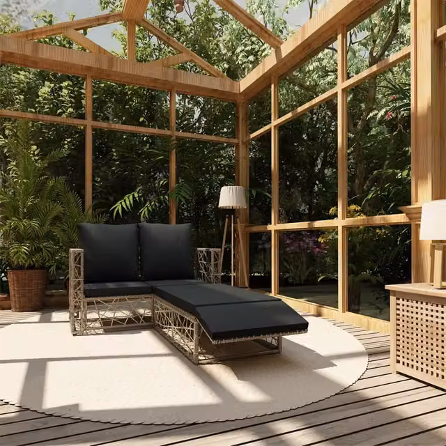 Set di divani da giardino a L con pouf vidaXL in rattan grigio e cuscini imbottiti – 1
