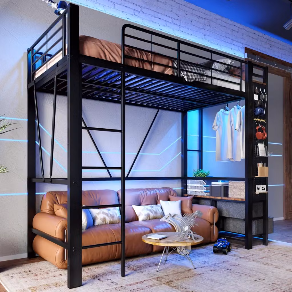 Letto a Soppalco Singolo con 4 Cassetti, Porte USB, Tipo C e Luci LED, Nero, L/P/H: 90 x 200 x 180 cm – 2