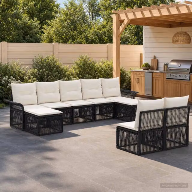 Set Divano da Giardino a L vidaXL in Polyrattan Nero con Cuscini e Ottoman, 9 Pezzi