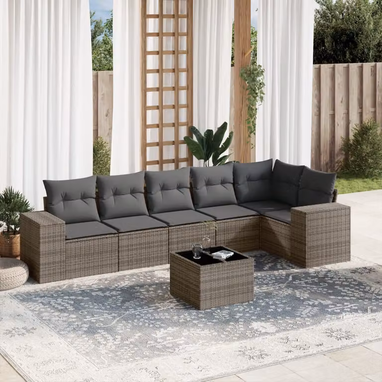 Set di divani da giardino vidaXL a forma di L composto da 7 pezzi con cuscini grigi in polyrattan e tavolino da esterno