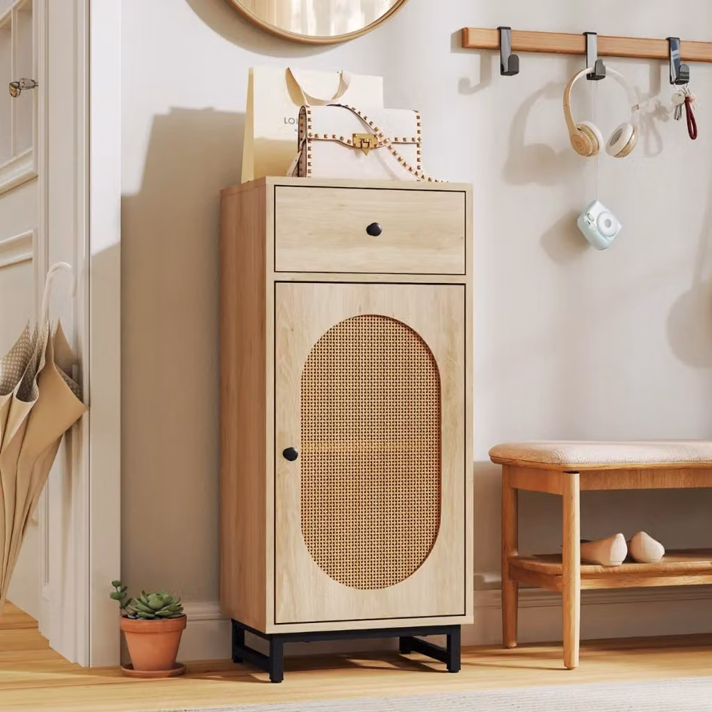Mobiletto di stoccaggio in rattan e metallo con cassetto estraibile soft close, armadietto da pavimento beige in stile scandinavo per camera da letto, bagno o soggiorno – 2