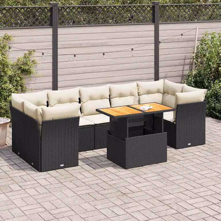 Set Divani da Giardino vidaXL a Forma di L in Polyrattan con Cuscini e Tavolino, 8 Pezzi, Nero e Bianco