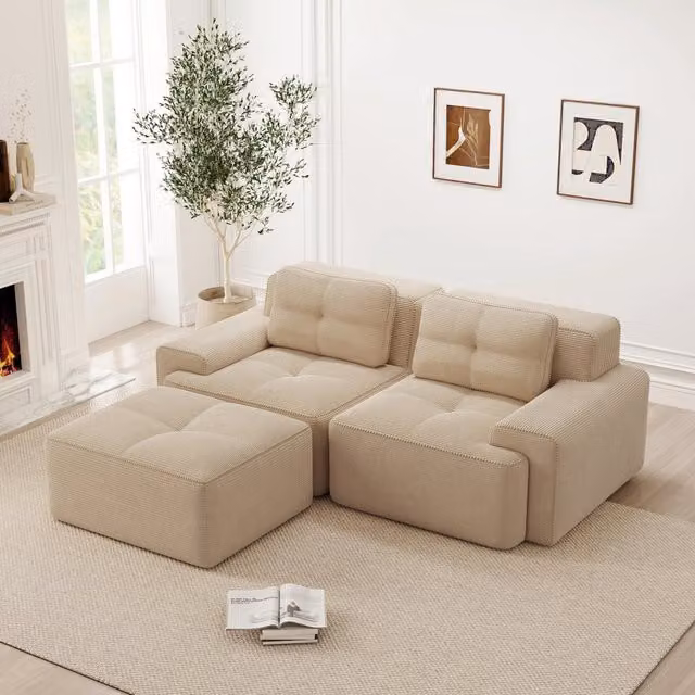 Divano modulare a L con pouf e seduta profonda per soggiorno moderno senza montaggio in tessuto corduroy beige