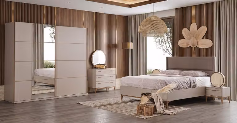 Set di mobili da camera da letto color beige: letto con struttura e testiera, armadio, comò da trucco