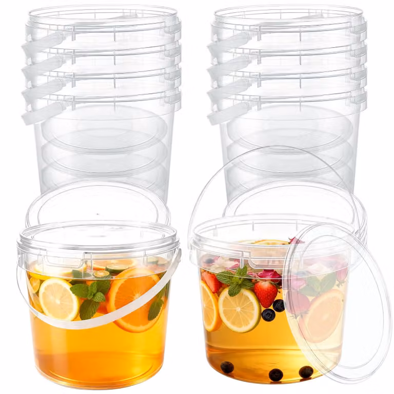 Set di 10 contenitori in plastica, adatti al contatto con gli alimenti, capacità 5 litri, con coperchio, trasparenti