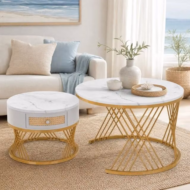 Set di tavolini bassi rotondi MIVRAY con cassetto e piano effetto marmo in MDF bianco e gambe in metallo oro