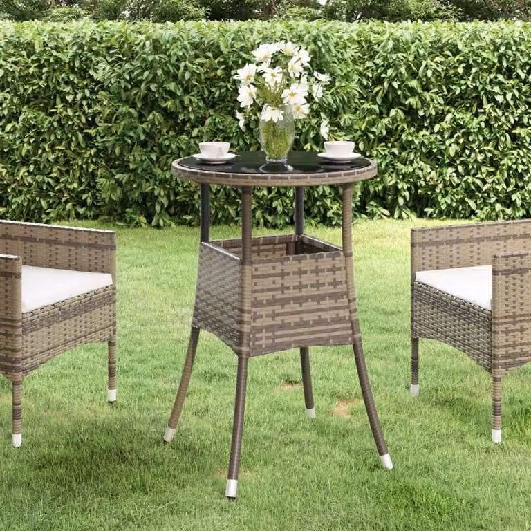 The Living Store tavolo da giardino Ø60x75 cm in vetro temperato e poly rattan grigio