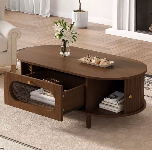 Tavolino da salotto 100x50x36 cm in MDF effetto noce; 1 cassetto e ante a rullo