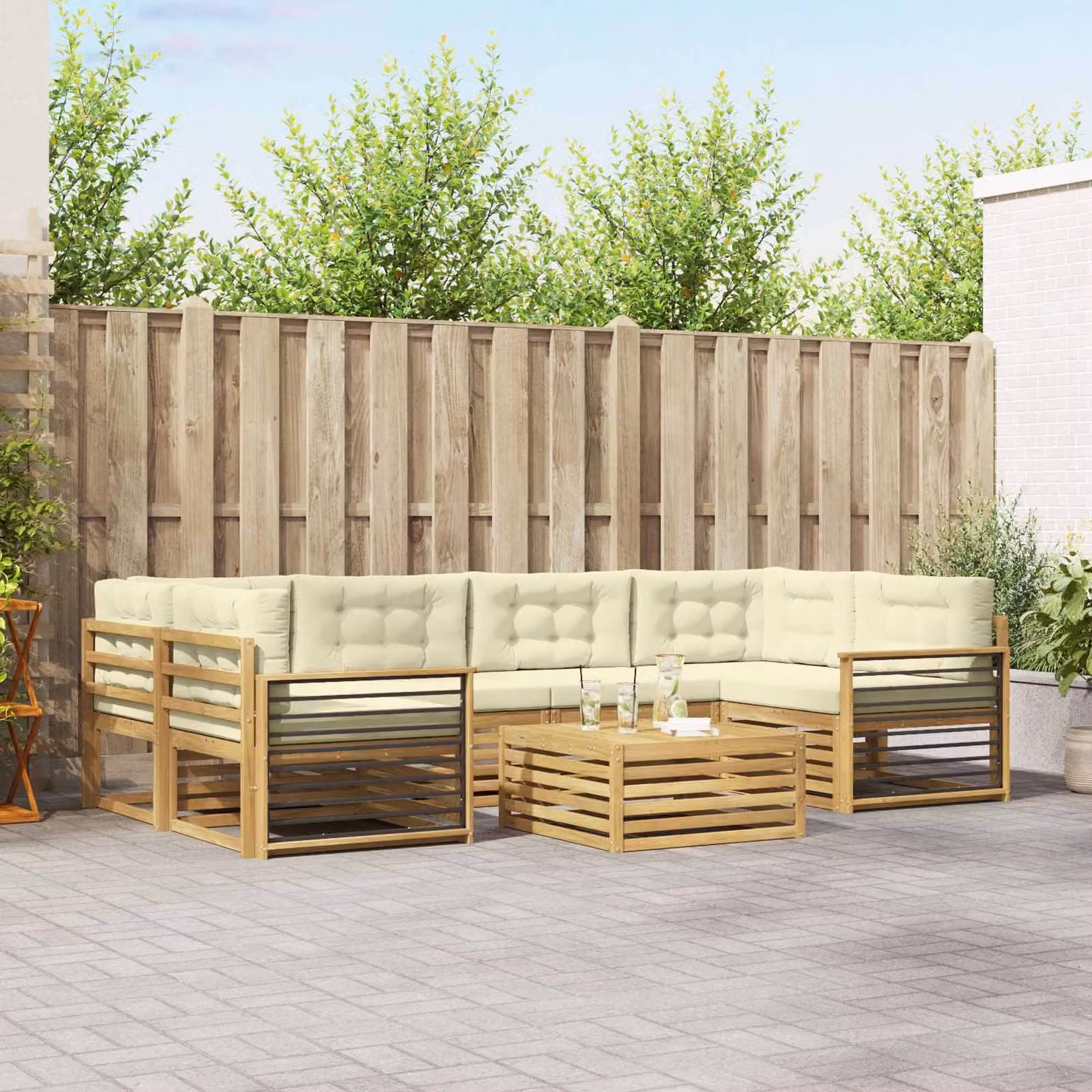 Set di divani da esterno vidaXL 7 pz in legno di acacia e poliestere, Colori Bianco, Marrone e Beige