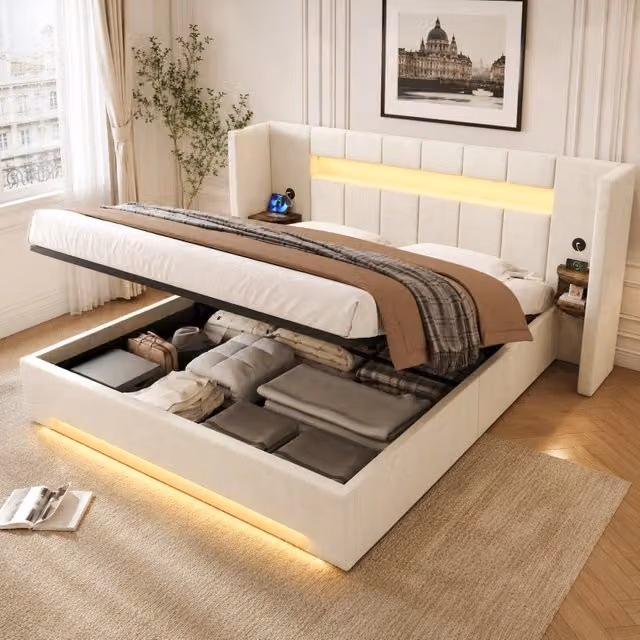 Letto contenitore 180x200 cm; sollevamento idraulico; testiera larga; 2 USB; mobiletto retr ; LED; ampio vano sottoletto; velluto; beige