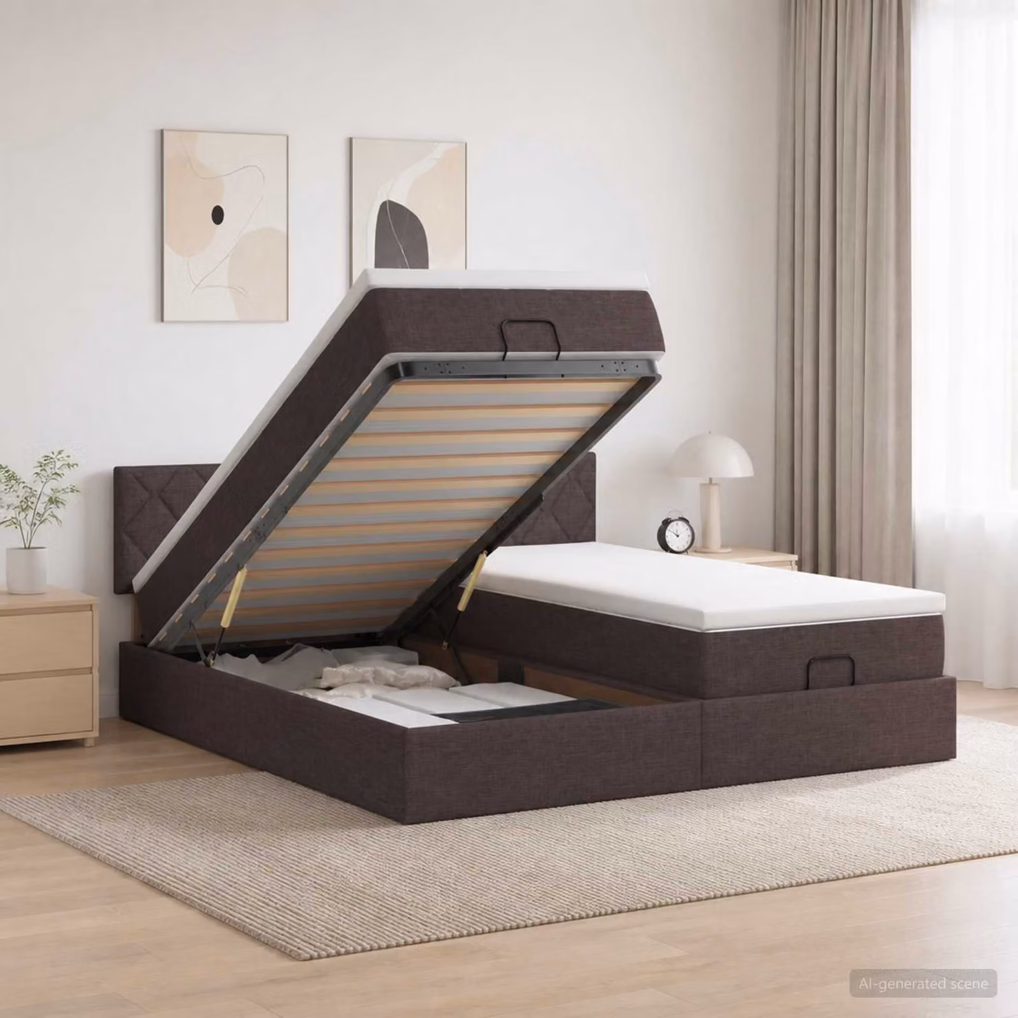 Letto ottomano con materasso vidaXL in tessuto marrone e bianco, base contenitore con sistema lift-up, L/P/H: 180 x 200 x 88 cm