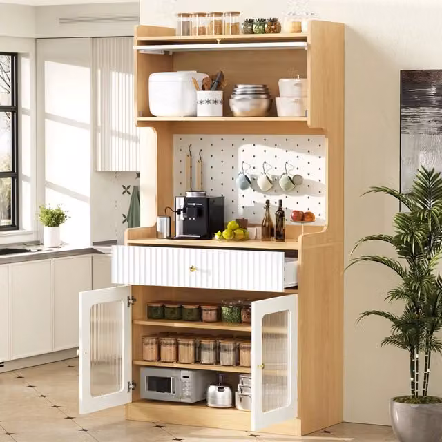 Credenza alta OKWISH bianca con LED, 1 cassetto, ripiani regolabili e ante a ribalta per cucina e soggiorno, L/P/H: 80 x 40 x 180 cm