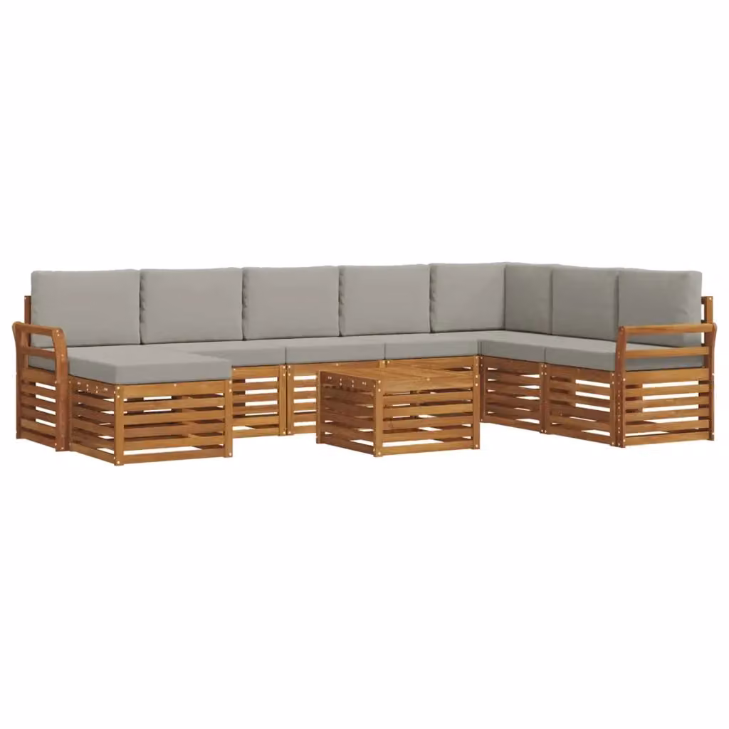 Set di divani da esterno a L vidaXL in legno di acacia con cuscini grigi, composto da 9 pezzi con tavolino e pouf – 2