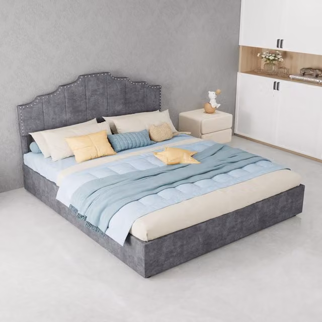 Letto matrimoniale con testiera 160×200 cm dal design geometrico, materasso incluso, tessuto grigio e metallo