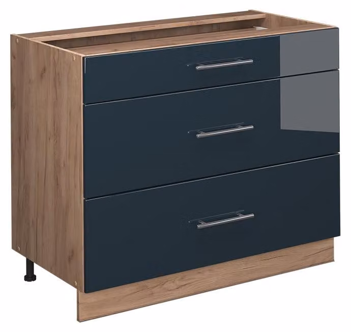 Mobiletto base per cucina Vicco Fame-Line Blu scuro lucido/Rovere dorato 100 cm senza piano di lavoro, Model 61636