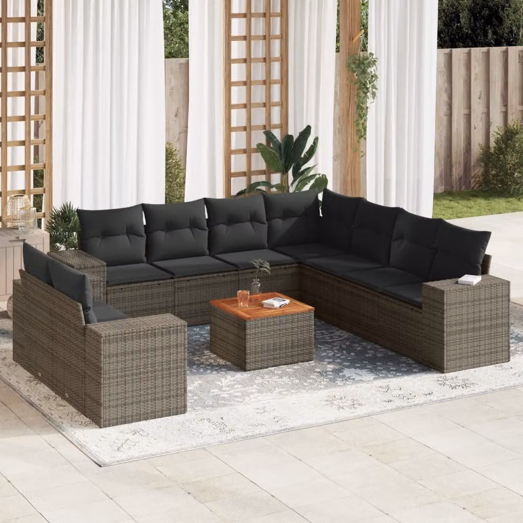 Set Divano da Giardino vidaXL 10 pz a Forma a L in Polyrattan Grigio con Cuscini e Tavolino – 1