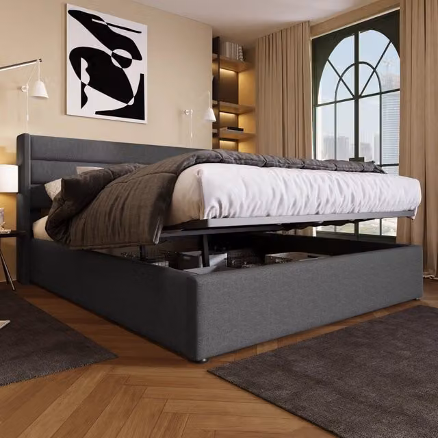 Letto contenitore 180 × 200 cm con sollevamento idraulico testiera imbottita rivestito in lino grigio rete a doghe