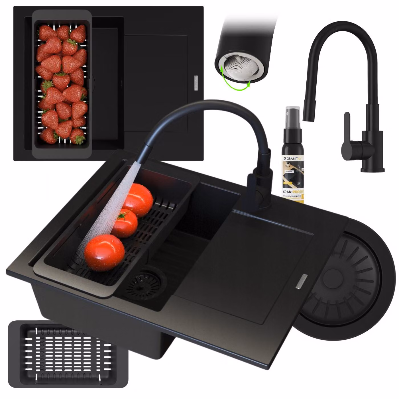 Granitan - Lavello in granito - Lavello da cucina - 57x47 cm - Nero - con accessori - Lavello - BELLO