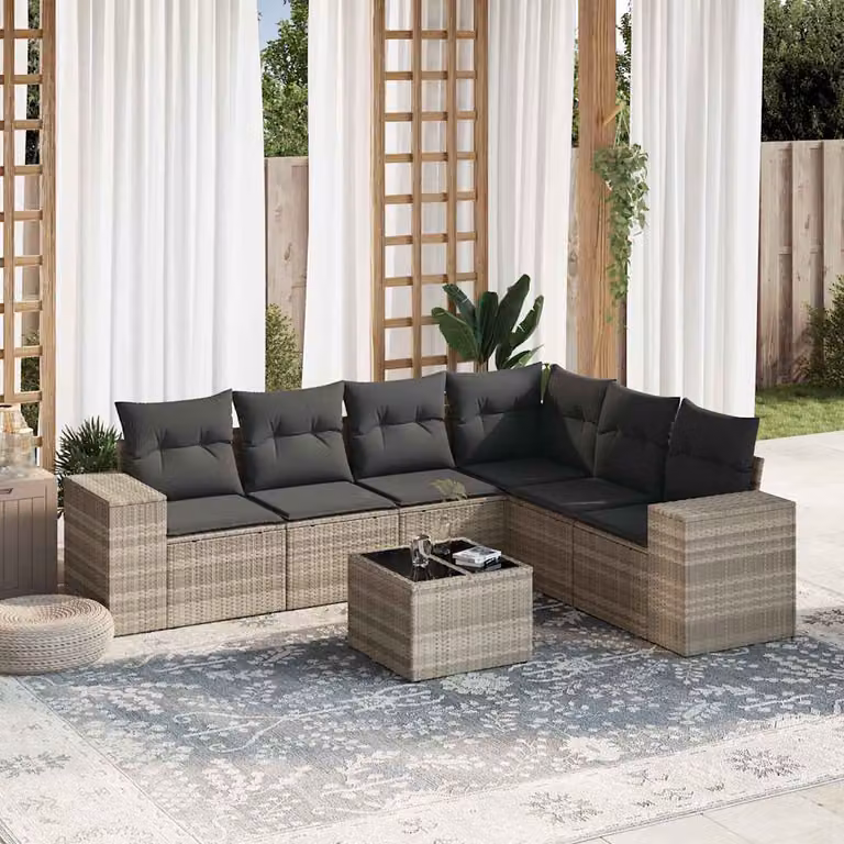 Set Divani da Giardino vidaXL 7 Pezzi a Forma di L con Tavolino in Vetro e Cuscini Grigio Chiaro