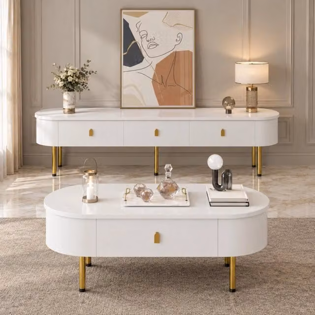 Set tavolino e mobile TV 174 cm bianco MDF, cassetti e bordi arrotondati