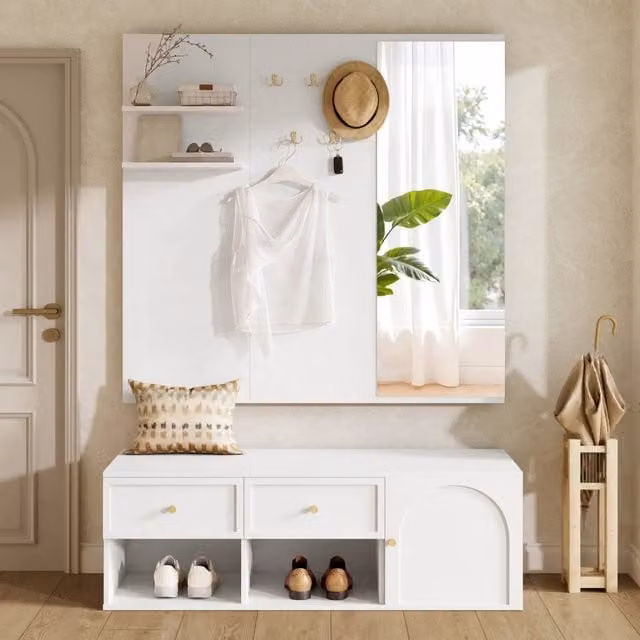 Mobile da ingresso con specchio, 5 ganci, 2 cassetti, vano con anta e ripiani aperti, bianco, per corridoio, 120 × 35 × 159 cm