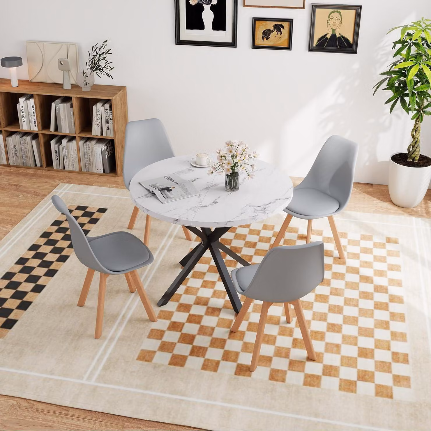 Set da pranzo con tavolo rotondo da 100 cm e 4 sedie, finitura effetto marmo, bianco e grigio