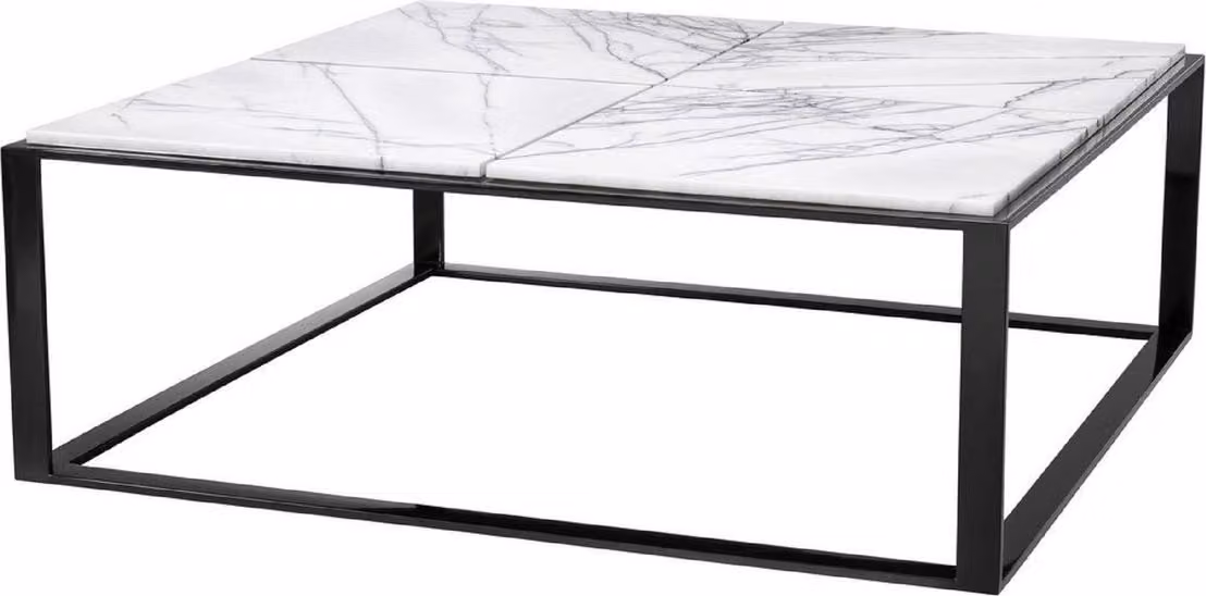 Tavolino Casa Padrino nero lucido / bianco-viola 100 x 100 x h. 35 cm - Tavolino da salotto in acciaio inox con piano in marmo - Mobili da salotto