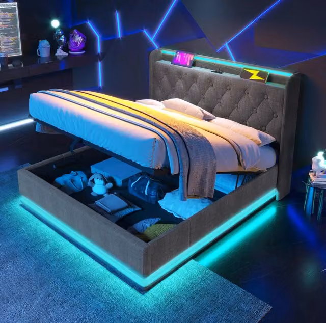Letto imbottito con LED 360°; contenitore idraulico e USB-C; 160x200 cm; lino grigio
