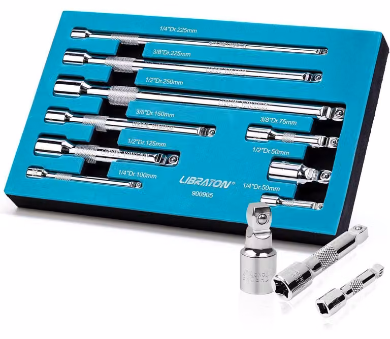 Set di prolunghe per chiavi a cricchetto, 9 pezzi, con misure da 1/2", 3/8" e 1/4" in acciaio Cr-V, con vano portaoggetti in EVA, colore argento