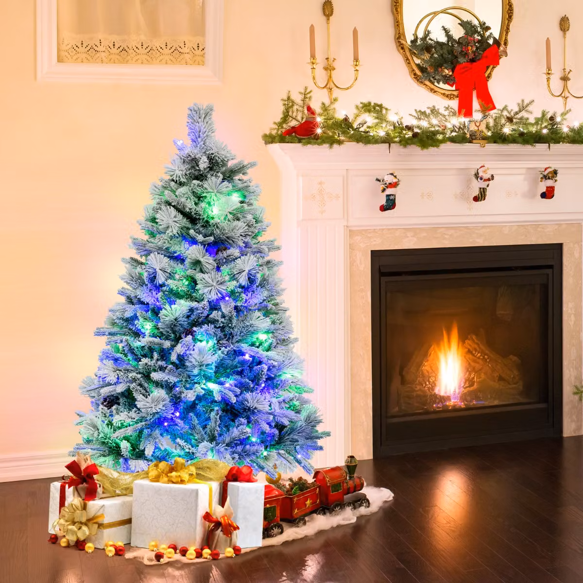 Albero di Natale artificiale Costway con rametti in PE e PVC, luci LED con 8 modalità di illuminazione, colore verde e bianco, Altezza: 136 cm