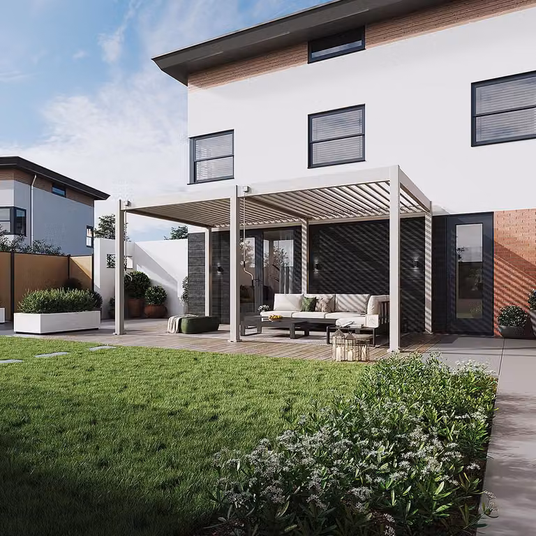 Pergola Weide Classic in alluminio 3x5,3 m con tetto a lamelle, modello indipendente, colore Ivory Sand